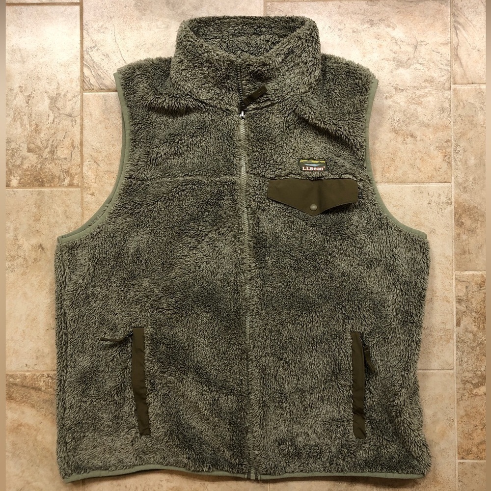 Vintage LL Bean Deep Flie Sherpa Fleece Vest Jacket Bown Full Zip Men's Large
